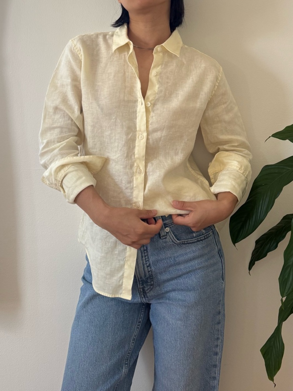 Uniqlo 100% Linen Button Up Long Sleeve Minimalist Preppy Yellow Shirts Size XS - Picture 7 of 11